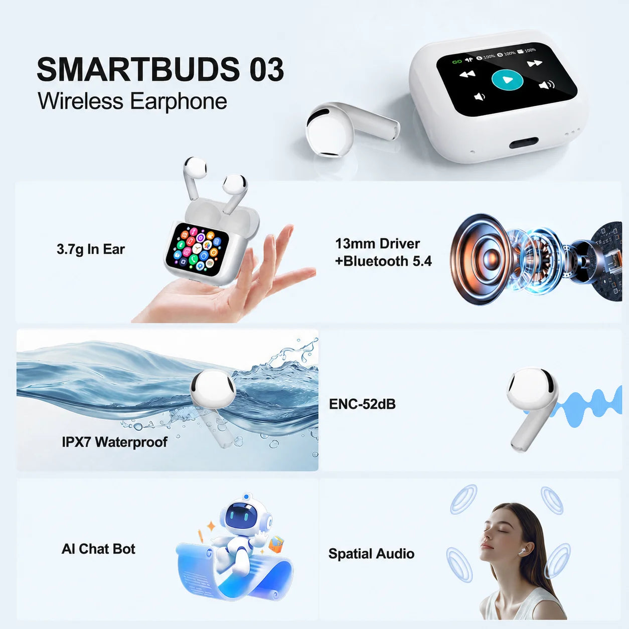 KOUO Wireless Bluetooth 5.4 Earbuds With Smart Touch Screen Music Sports Noise Canceling Earphones Support Real Time Translation