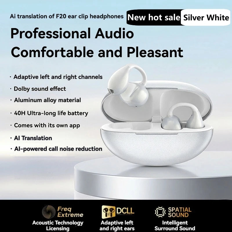 Wireless Bluetooth Earbuds with Ear Clips 6.0 AI Translation Noise Reduction 40H Battery Life IPX6 Waterproof for Sports And Fit