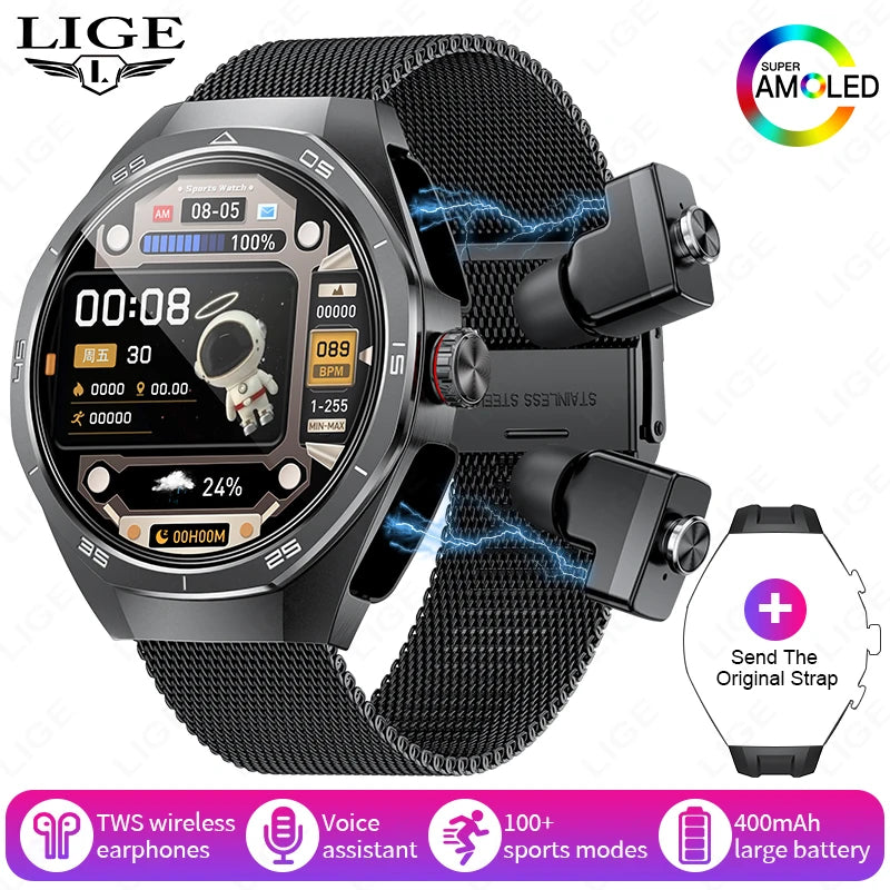 TWS 2-in-1 Smart Watch with Headphones Sports Play Music Bluetooth Headset Call Men Health Monitor NFC Women Smartwatch Earbuds