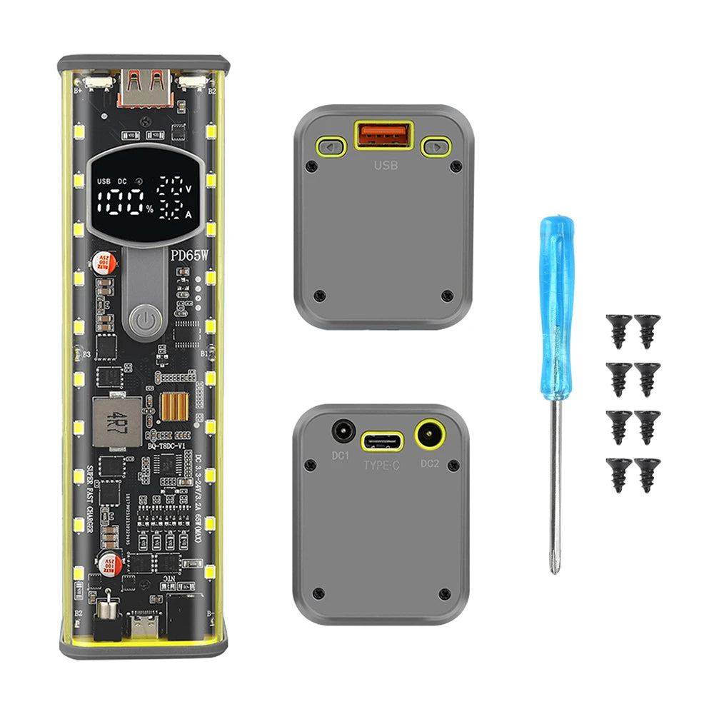 65W PD Fast Charging 18650 Power Bank DIY Battery Box Adjustable DC Voltage Multifunctional Display for Laptops Outdoor Use