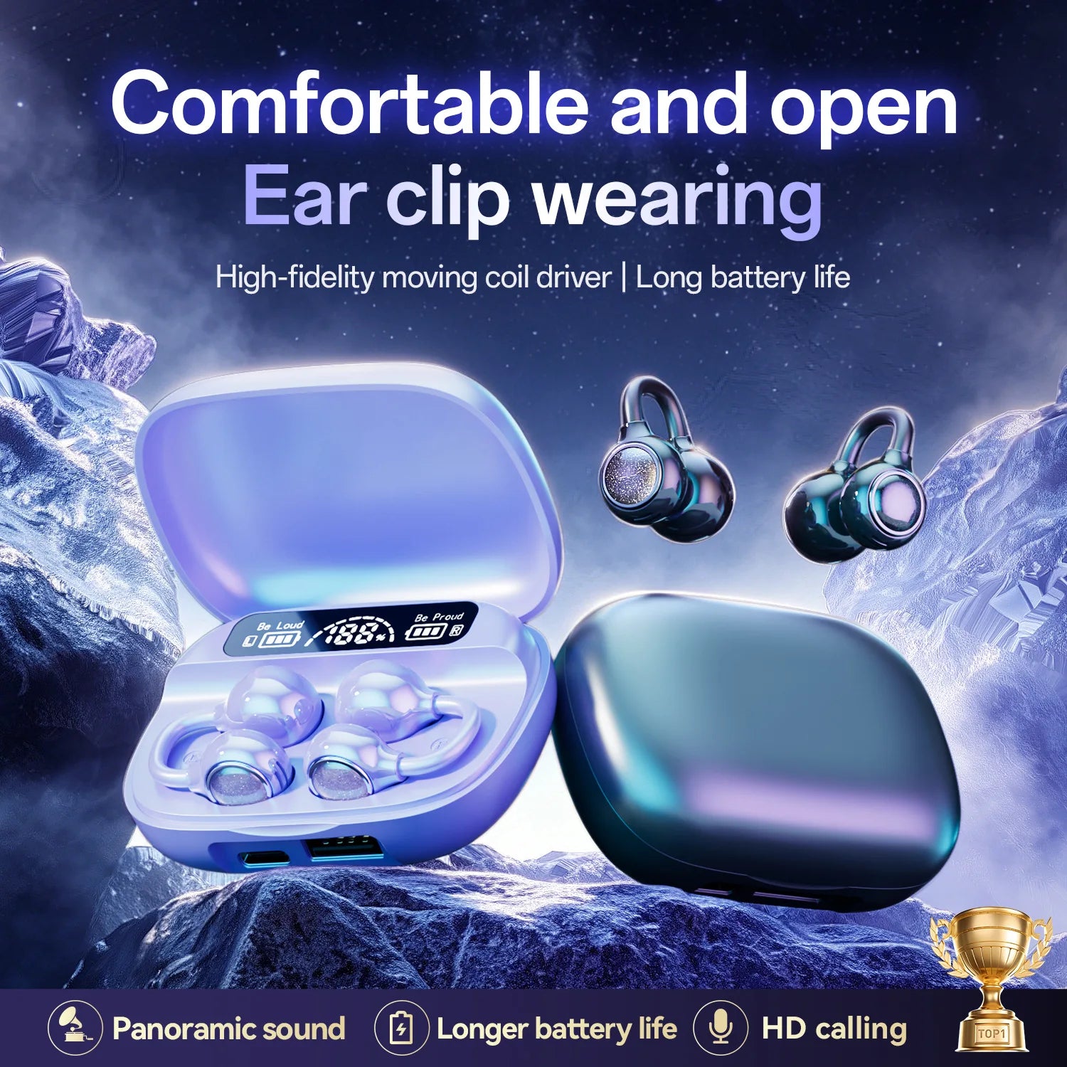 The new Bluetooth earbuds are clip-on, open-type, non-in-ear design, with long battery life, digital display, and low latency