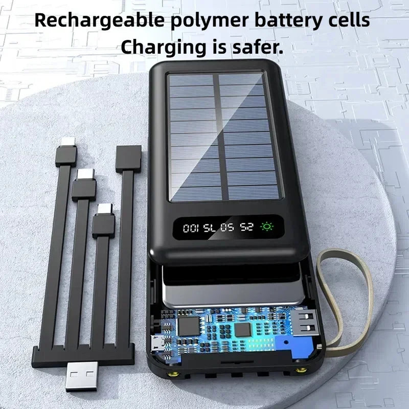 Solar Power Bank 500000mAh Fast Charging Powerbank High Capacity Portable Mobile Power Flashlight Built in 4 Cables Battery