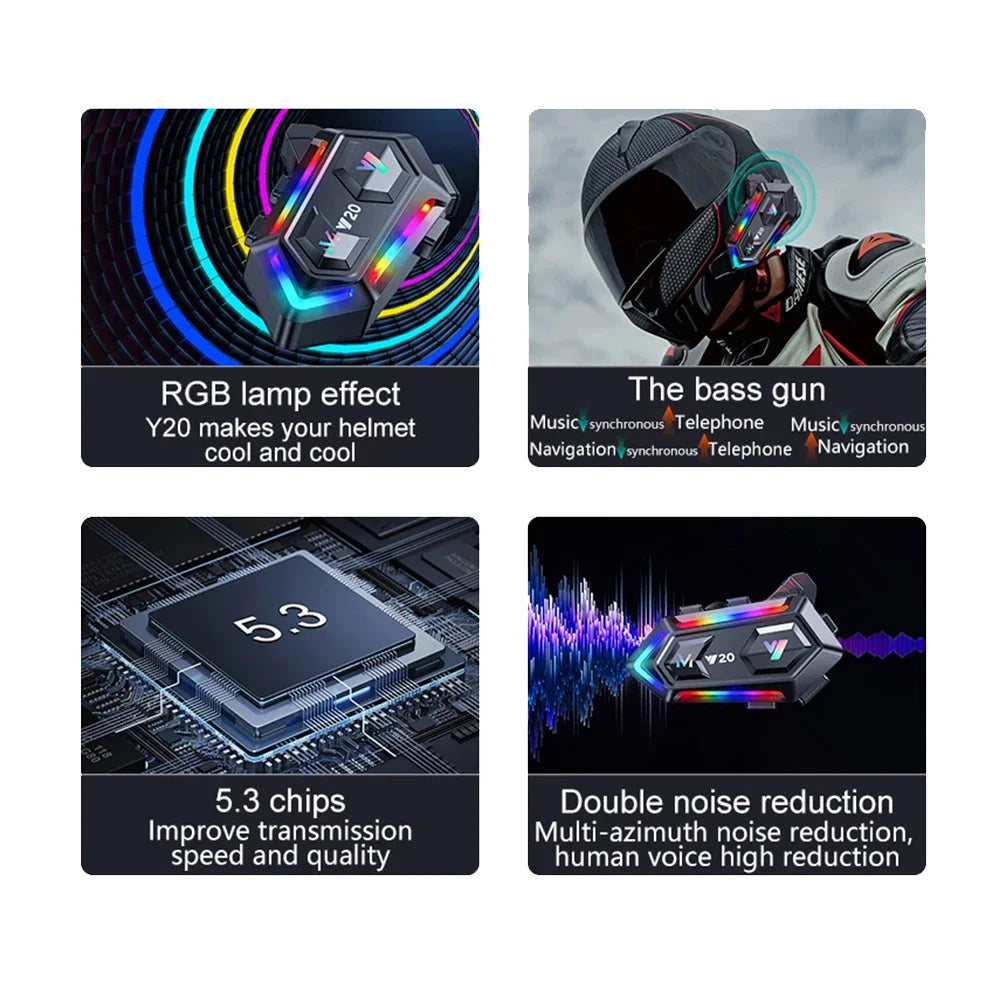 Y20 Motorcycle Helmet Bluetooth Headset BT5.3 Handsfree Call Wireless Noise Reduction Waterproof Headphone with RGB Light