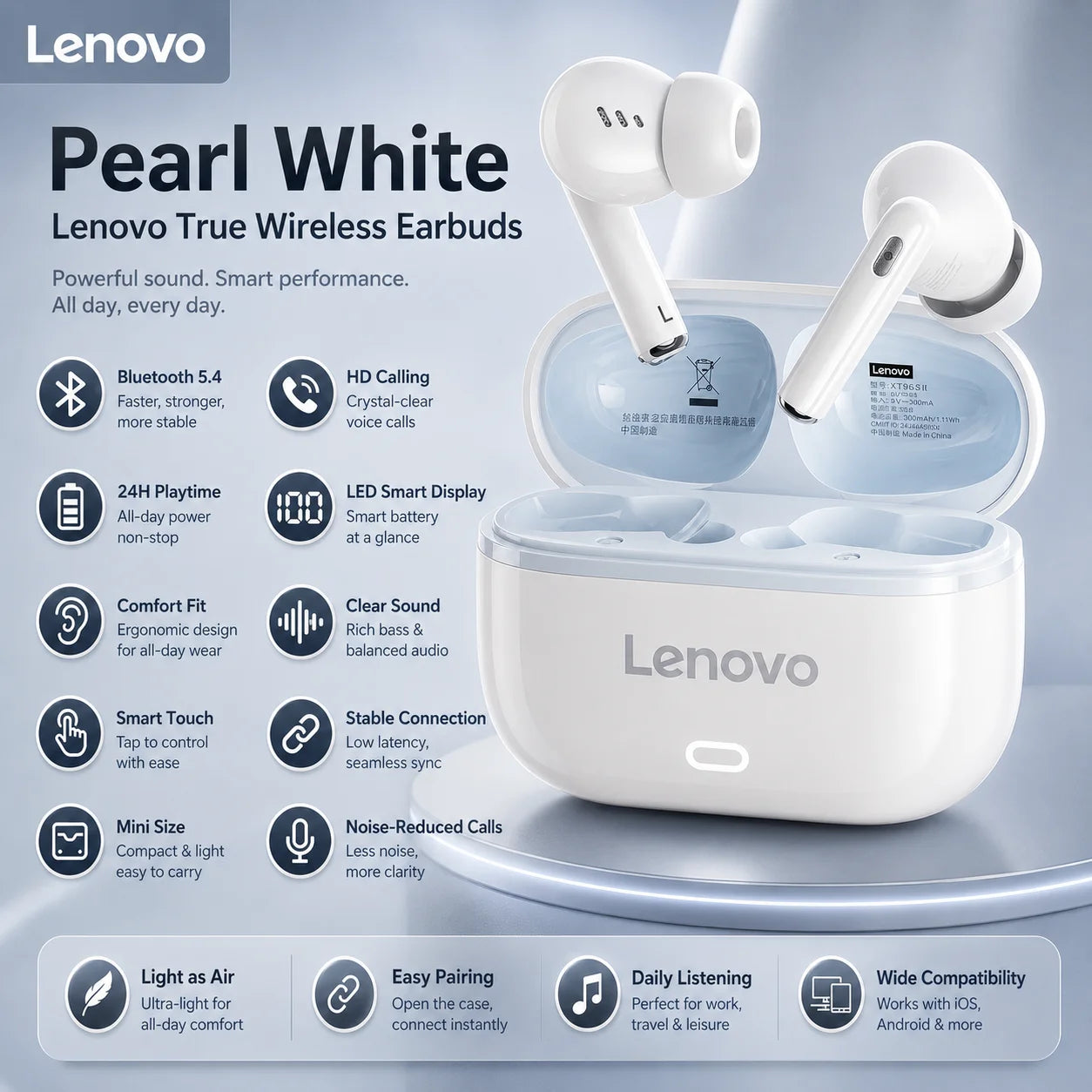 Lenovo Bluetooth Earphones EA269 semi in ear wireless earbuds with long-lasting battery life for office/call/sports/music scenes