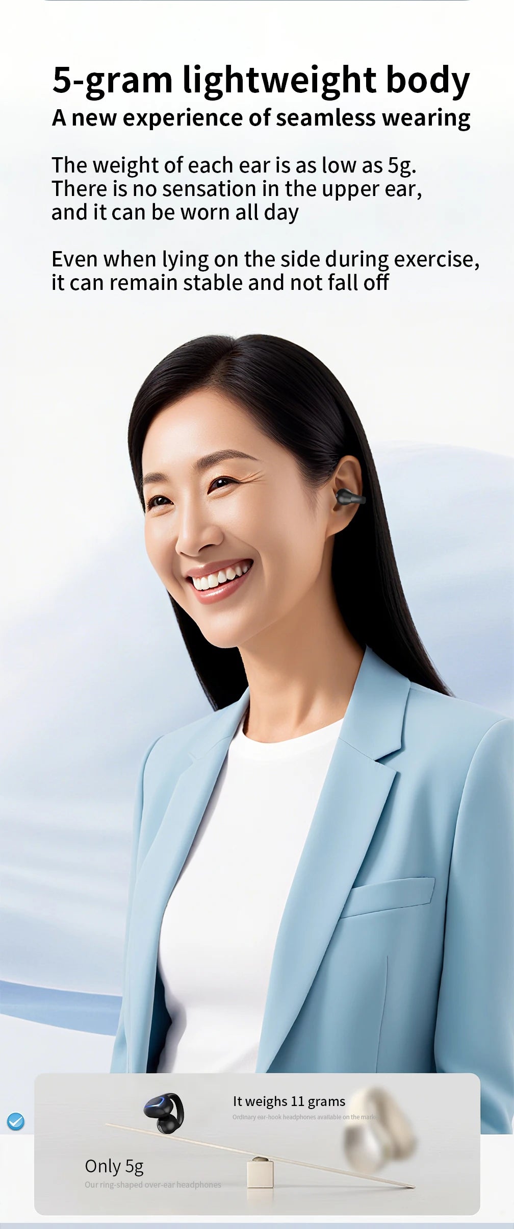 Bluetooth 5.3 Earphone Ear Clip Headphones Wireless Headset HiFi Stereo Noise Reduction Earbud For Men Women