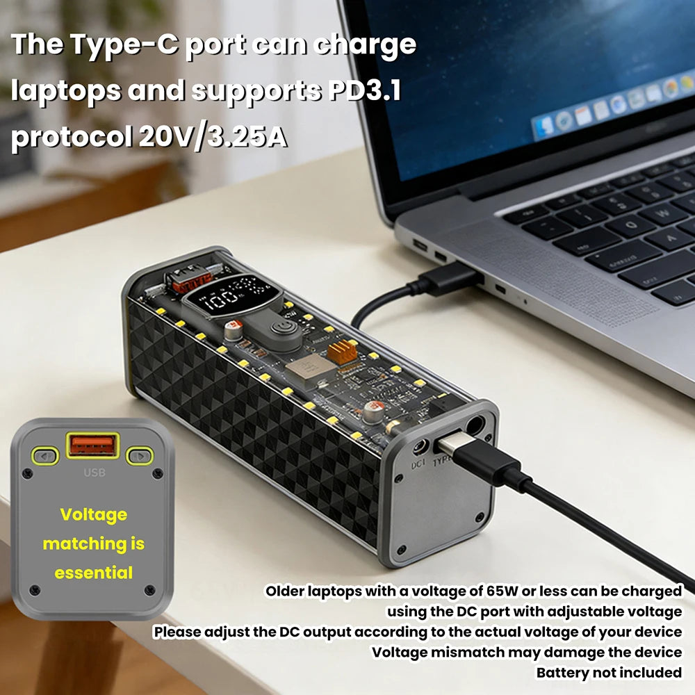 65W PD Fast Charging 18650 Power Bank DIY Battery Box Adjustable DC Voltage Multifunctional Display for Laptops Outdoor Use