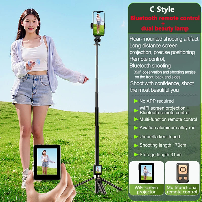 Wireless Selfie Stick Tripod Stand with Remote and Small Screen Casting Selfie Monitor for Smartphone Selfie Live Streaming
