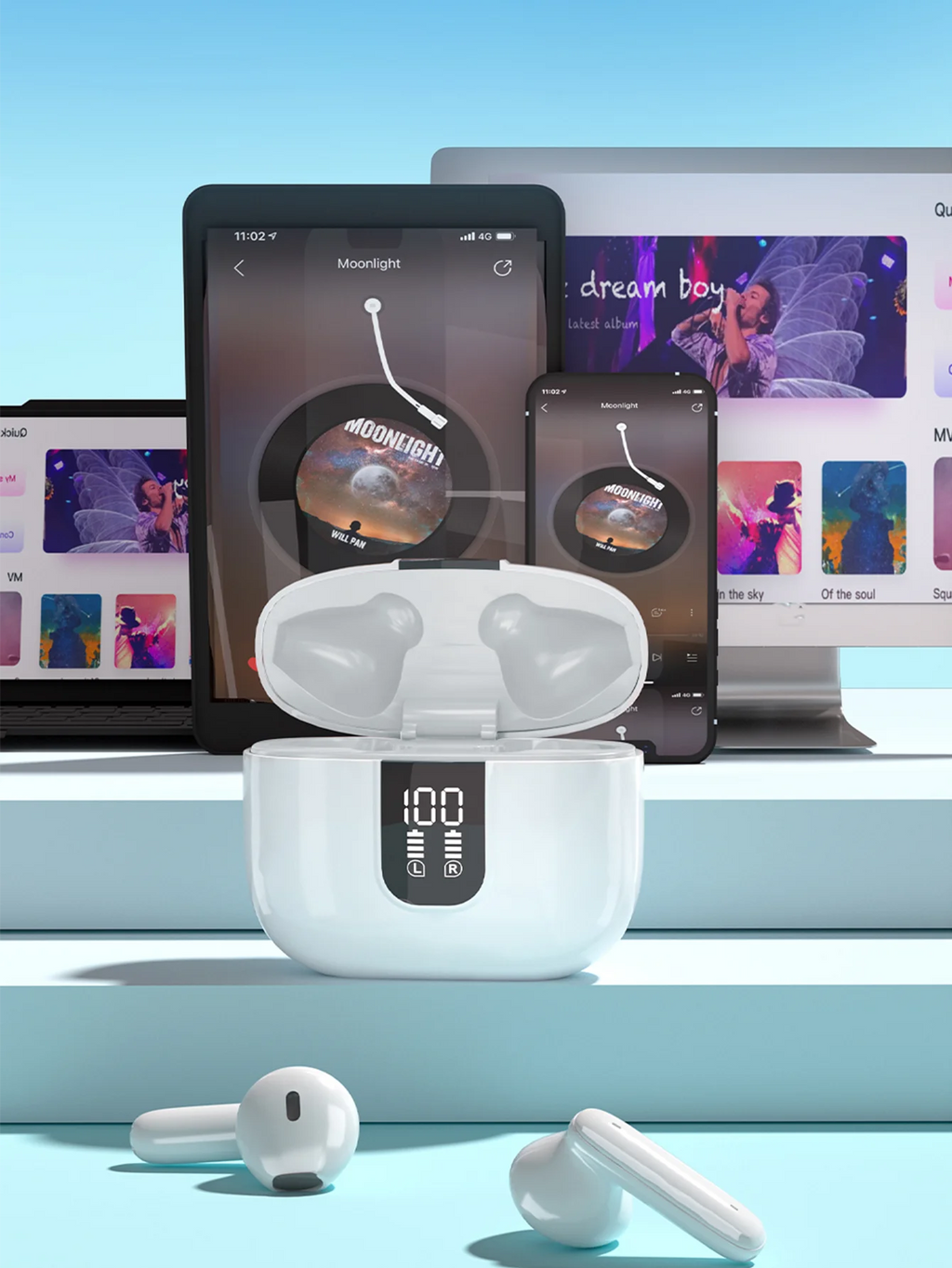 Bluetooth Earbuds with Large Charge Case, LED Power Display, HiFi Sound Quality, White Portable Wireless Earphones for Music