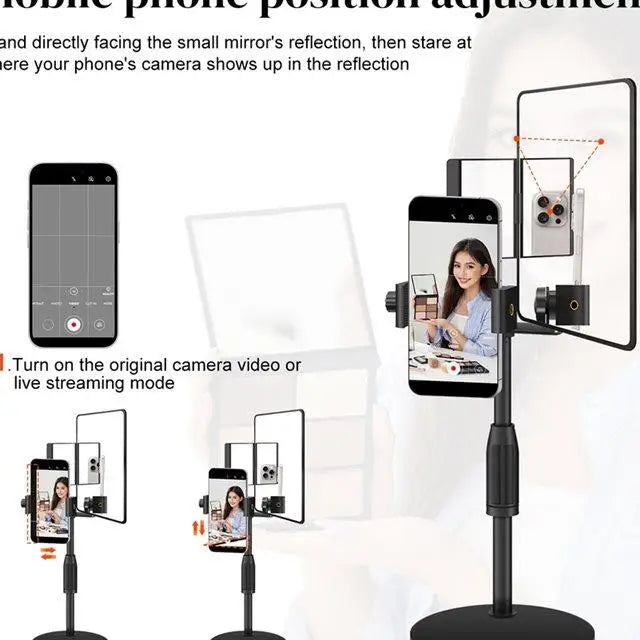 Adjustable Height Mobile Phone Holder Desktop Round Plate Live Streaming Stand with Mirror Rear View Camera Selfie Stand-ABLL