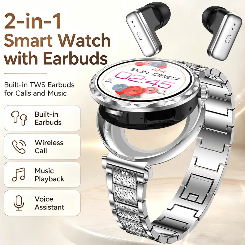 2026 New TWS Smartwatch Earphone 2 In 1 Women Watches with Earbuds Strong Sound Effects Music Lover Waterproof Ladies Smartwatch