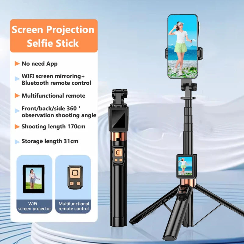 Wireless Selfie Stick Tripod Stand with Remote and Small Screen Casting Selfie Monitor for Smartphone Selfie Live Streaming