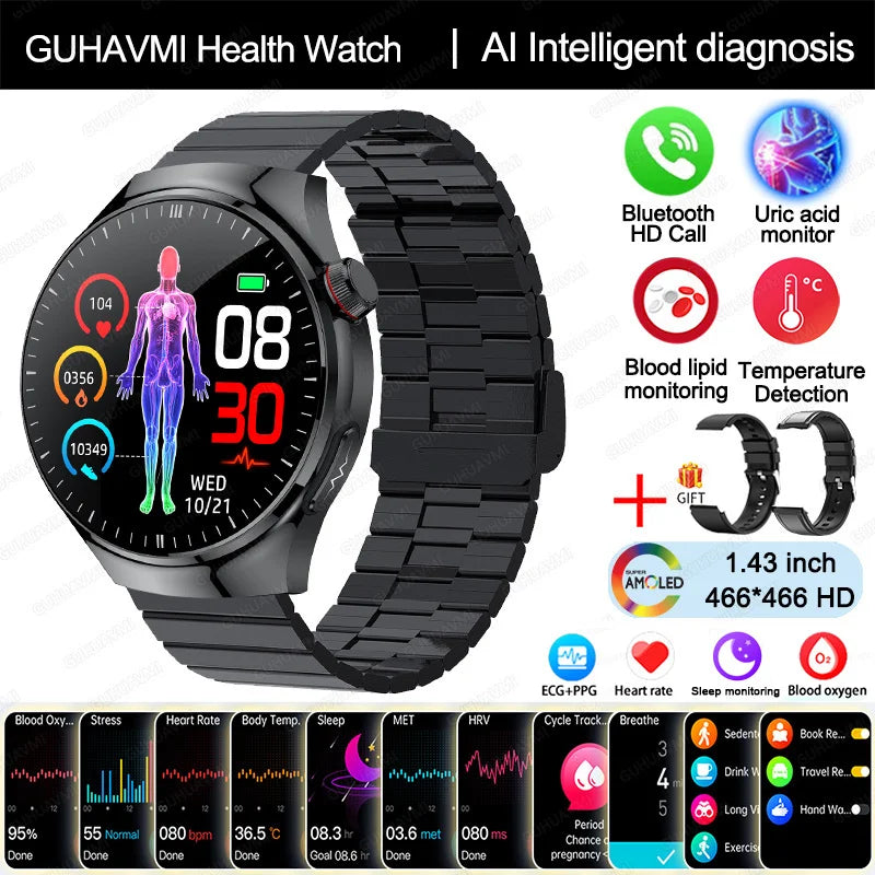New Nursing Grade Smart Watch Blood Oxygen Blood Lipid Uric Acid ECG+PPG Body Micromonitoring Bluetooth Call Health Smart Watch