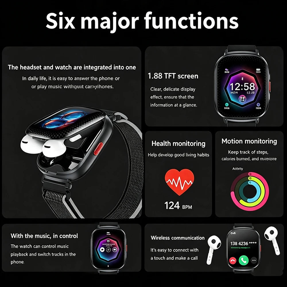 TWS 2 In 1 Smartwatch Earphones Sports Smart Watch Wireless Bluetooth Calling Health Monitor Fitness Record Watches With Headset