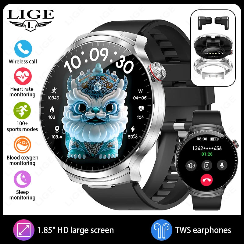 LIGE New Smartwatch TWS 2 In 1 Earphones Sports Smart Watch Bluetooth Calling Health Monitor Fitness Record Watches with Headset