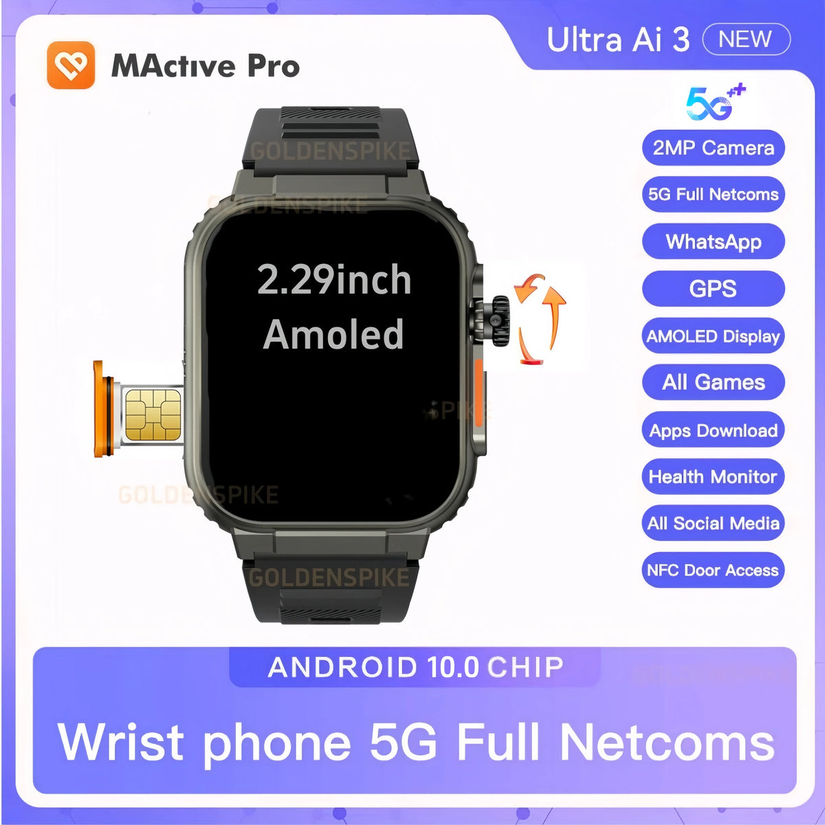 Microwear S10 Ultra Ai3 5G LTE Smartwatch 2.29inch Amoled Smart Watch With 190° Rotating Camera GPS 5G-WIFI App Store Sim Card