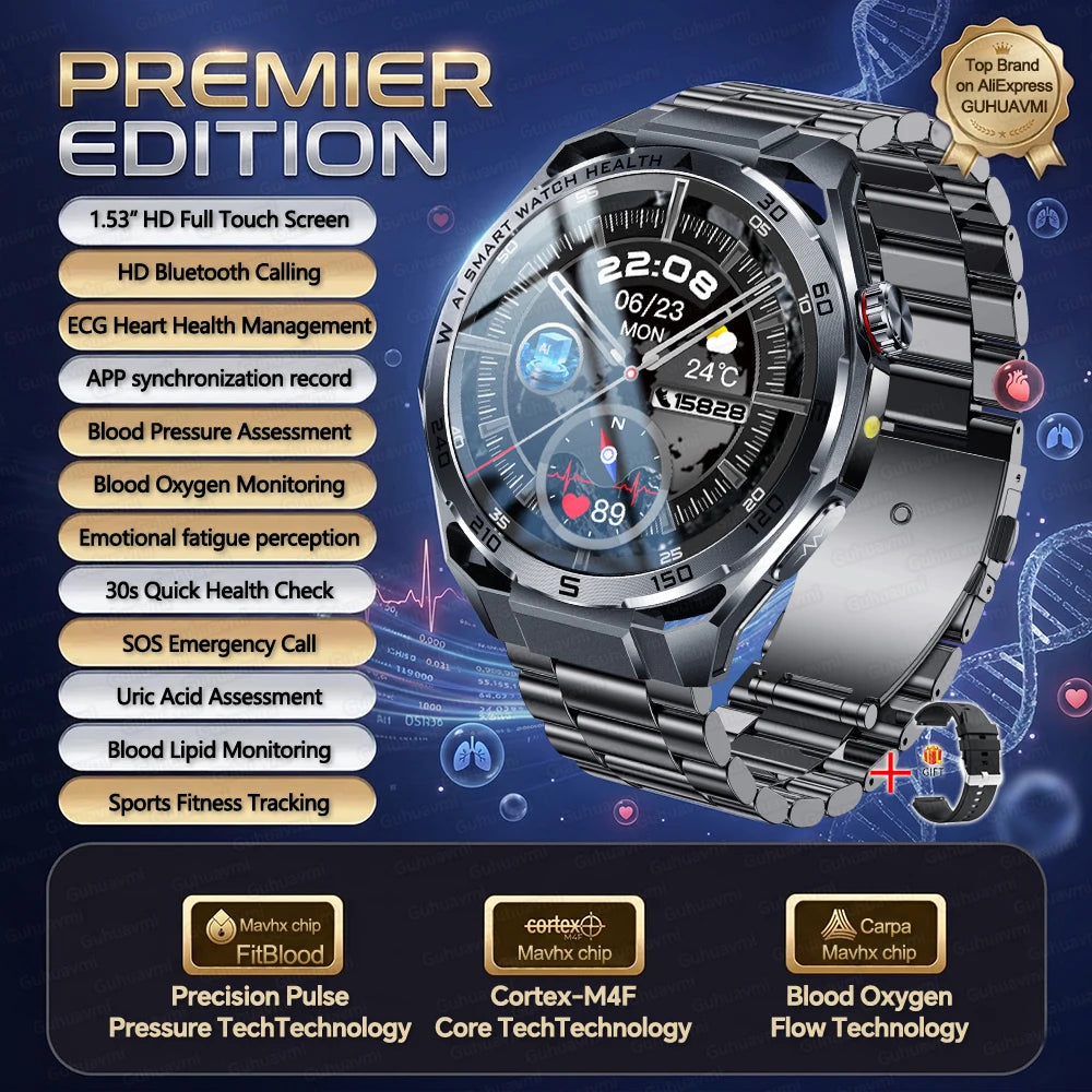 2026New Nursing-Grade AI ECG Smart Watch 1.53''Sapphire Glass Heart Rate Blood Lipid Uric Acid Monitor Bluetooth Call Smartwatch