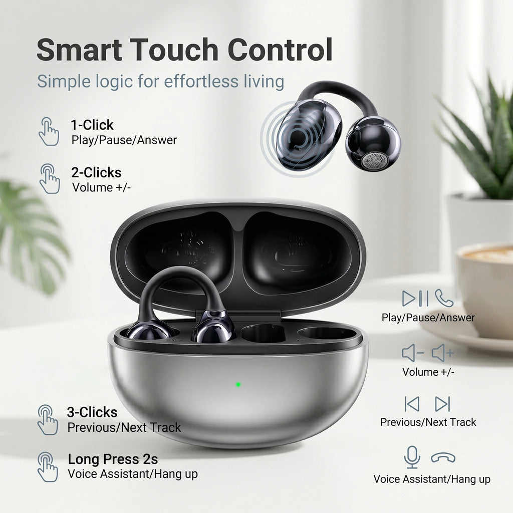 Bluetooth 5.3 Open Air Conduction Clip On Ear Headphones, True Wireless, Lightweight All Day Wear Sports Earphones, Pure Sound