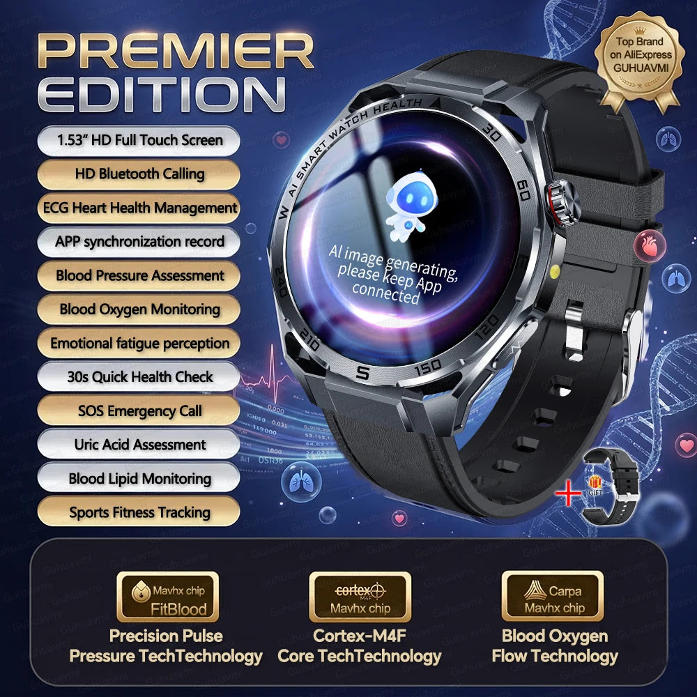 2026New Nursing-Grade AI ECG Smart Watch 1.53''Sapphire Glass Heart Rate Blood Lipid Uric Acid Monitor Bluetooth Call Smartwatch