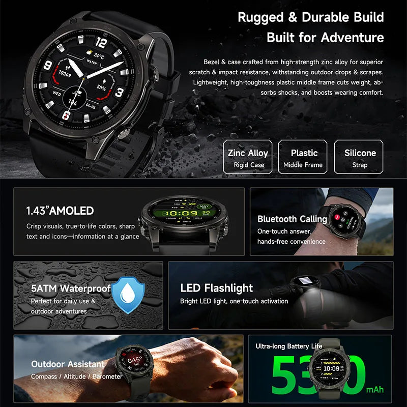 2026 New Sports Smart Watch Sports Mode Wireless Call 5ATM Compass Altimeter LED Flashlight 1.43 Inch AMOLED Screen Smart Watch