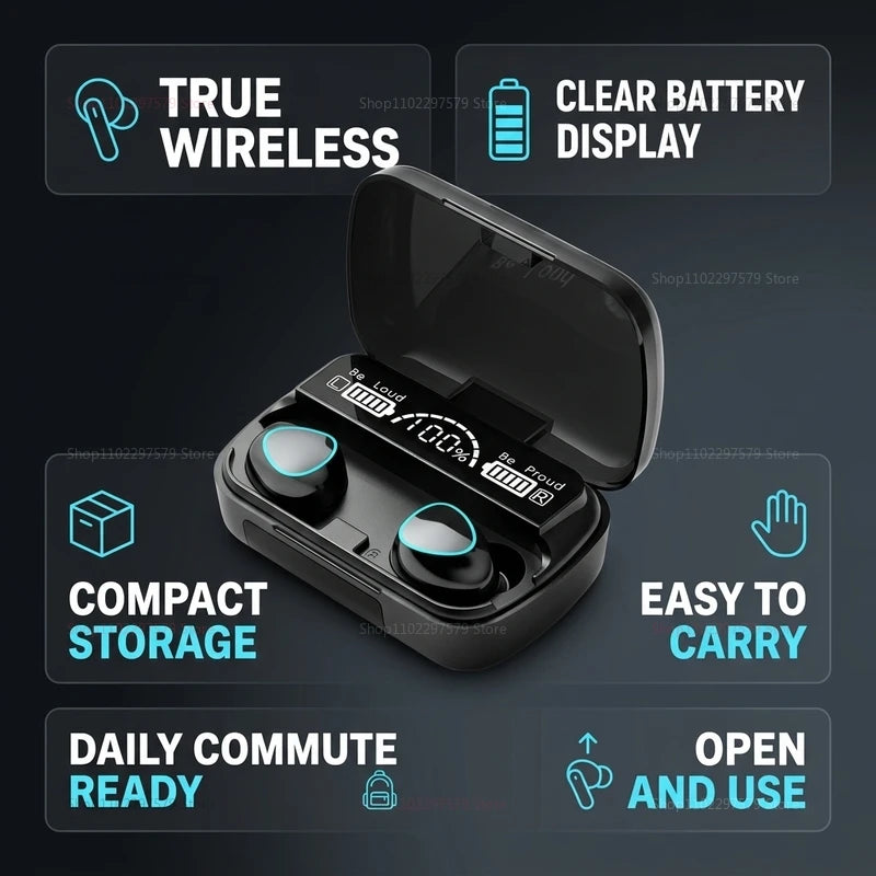 Wireless Bluetooth 5.2 Headset with LED Display Charging Case IPX7 Waterproof Sports Earbuds Noise Cancelling Gaming Earphones