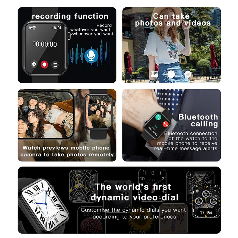2025 New Smart Watch with Camera Record Videos Sync Phone Camera Large Memory Dynamic Video Dial Music Bluetooth Call Smartwatch