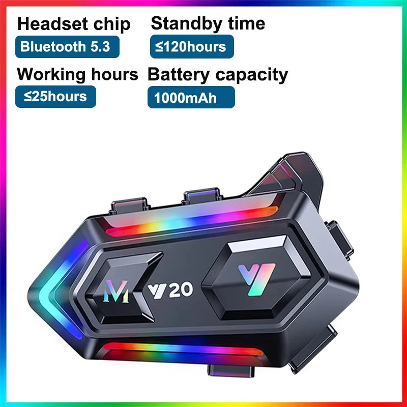 Y20 Motorcycle Helmet Bluetooth Headset BT5.3 Handsfree Call Wireless Noise Reduction Waterproof Headphone with RGB Light