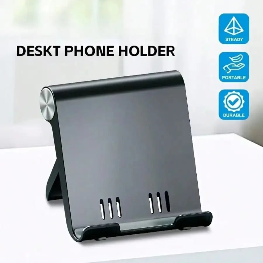 Portable folding phone stand and desktop stand, suitable for storing and carrying smartphones and tablets.