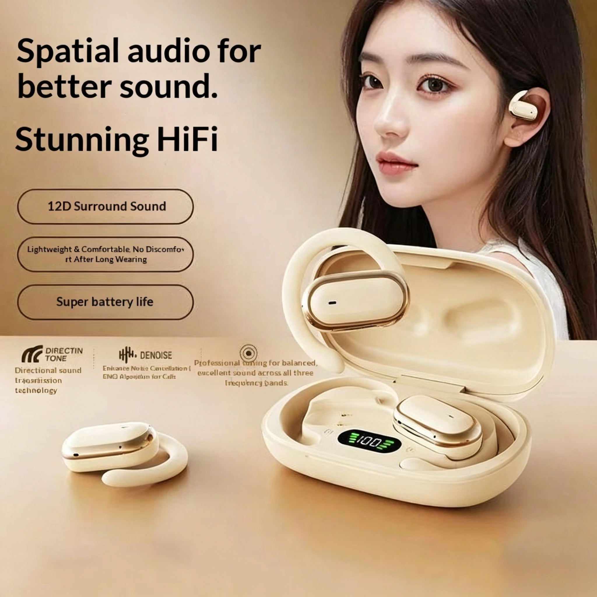 Bluetooth Open Ear Earhook Earbuds Wireless Headphones with Smart LED Display Comfort Fit Built-in Microphone for Clear Audio