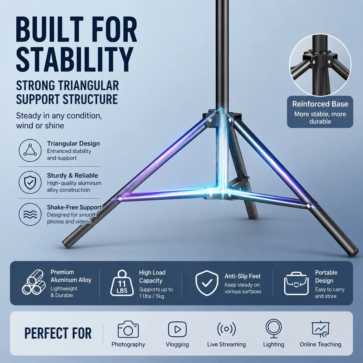 Sturdy Carbon Steel Light Stand 200cm, Foldable Tripod for Studio Photography & Outdoor Use