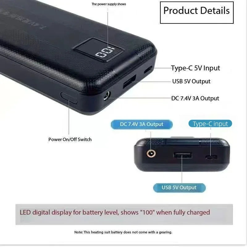New Large Capacity 7.4V/3A/16000mAh/20000mAh Power Bank High Current Heating Battery for Electric Down Jacket Vest Heated Scarf