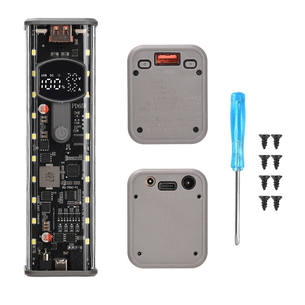 65W PD Fast Charging 18650 Power Bank DIY Battery Box Adjustable DC Voltage Multifunctional Display for Laptops Outdoor Use