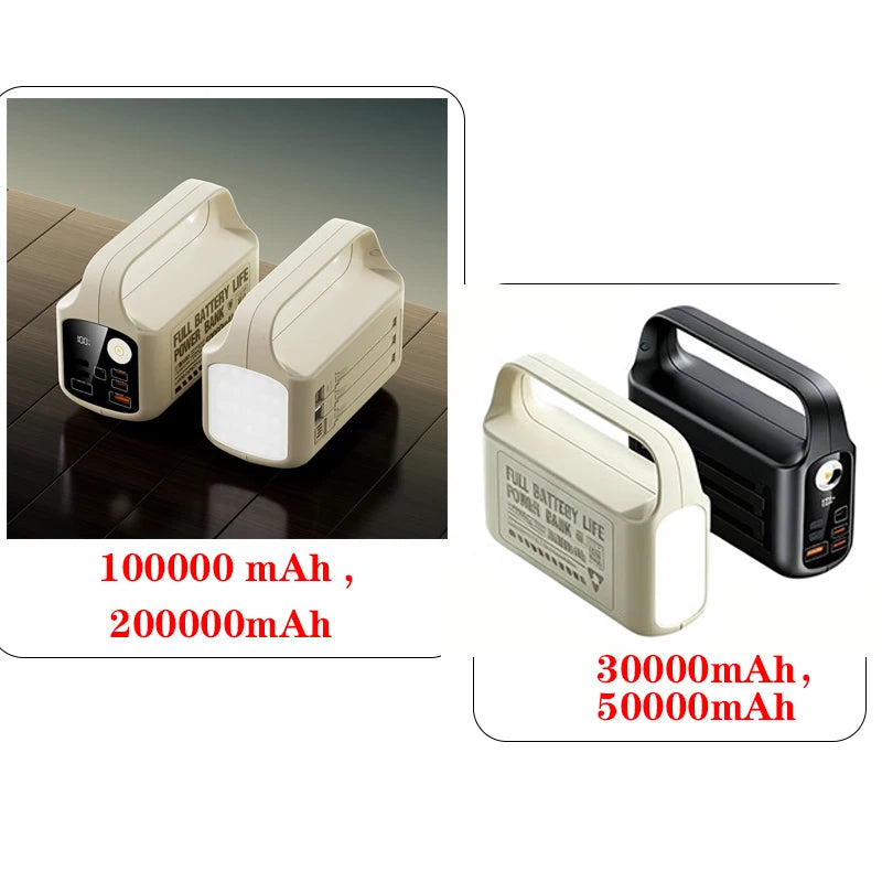 200000mAh Large Capacity Power Bank Portable Outdoor Emergency Power Supply Built-in Cable Camping Light External Battery Pack