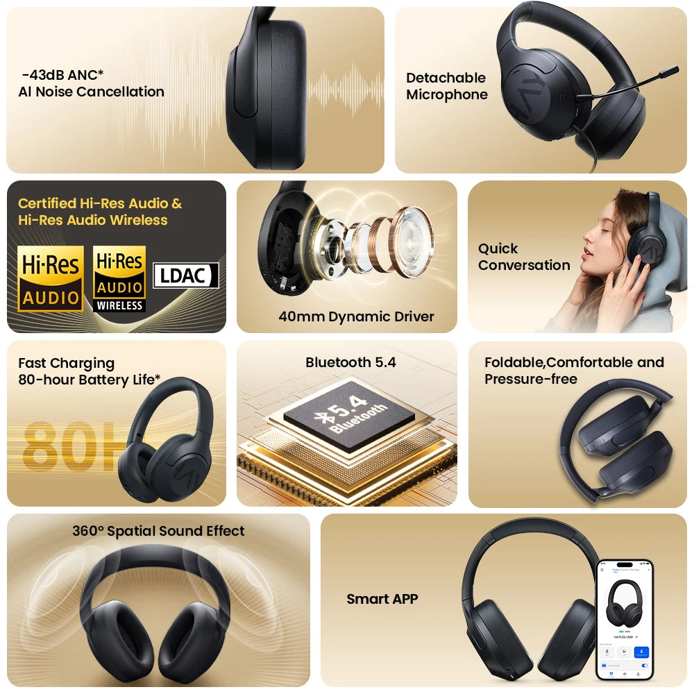 HAYLOU S30 Wireless Bluetooth 5.4 Headphones 43dB Adaptive Noise Cancelling Headsets 40mm Driver 80H Playtime Earphones