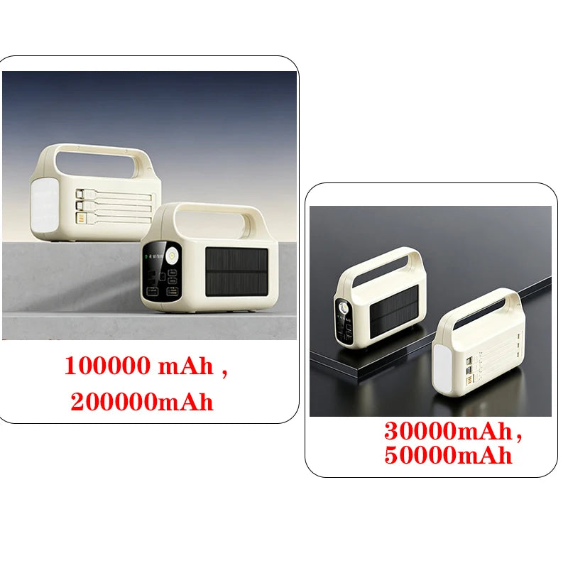 200000mAh Large Capacity Power Bank Portable Outdoor Emergency Power Supply Built-in Cable Camping Light External Battery Pack