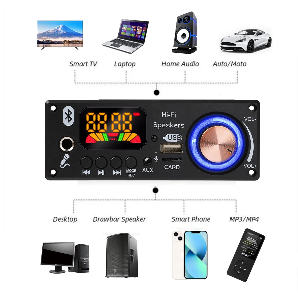 Bluetooth 5.1 MP3 WMA WAV Decoder Board 12V Handsfree 6.5mm Microphone USB TF FM Car Audio Music Player Speaker Volume Control