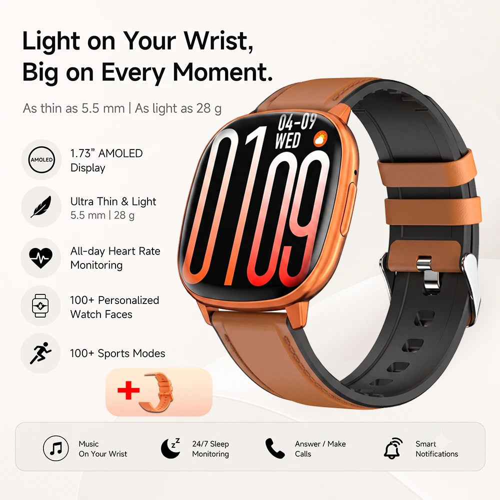 2026 New Smart Watch 5.5mm Ultra-thin 1.73'' AMOLED Men Women 100+ Sports Fitness Wrist Watch BT Call Health Tracker Smartwatch