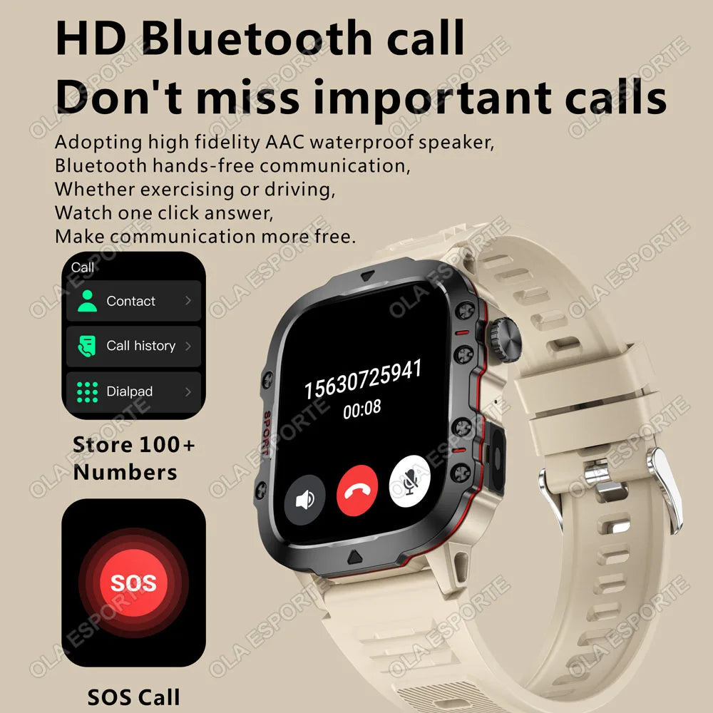 2026 New Military Smart Watch Men IP67 3ATM Outdoor Sports Fitness Tracker Blood Pressure Health Monitor BT Calls GPS Smartwatch