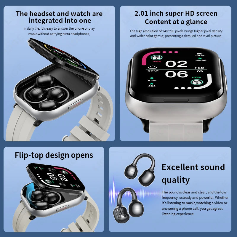LIGE TWS 2 In 1 Clip-on Earbuds Smart Watch 2.01" HD Bluetooth Voice Calling Health Monitor Sports Smartwatch With Headphones
