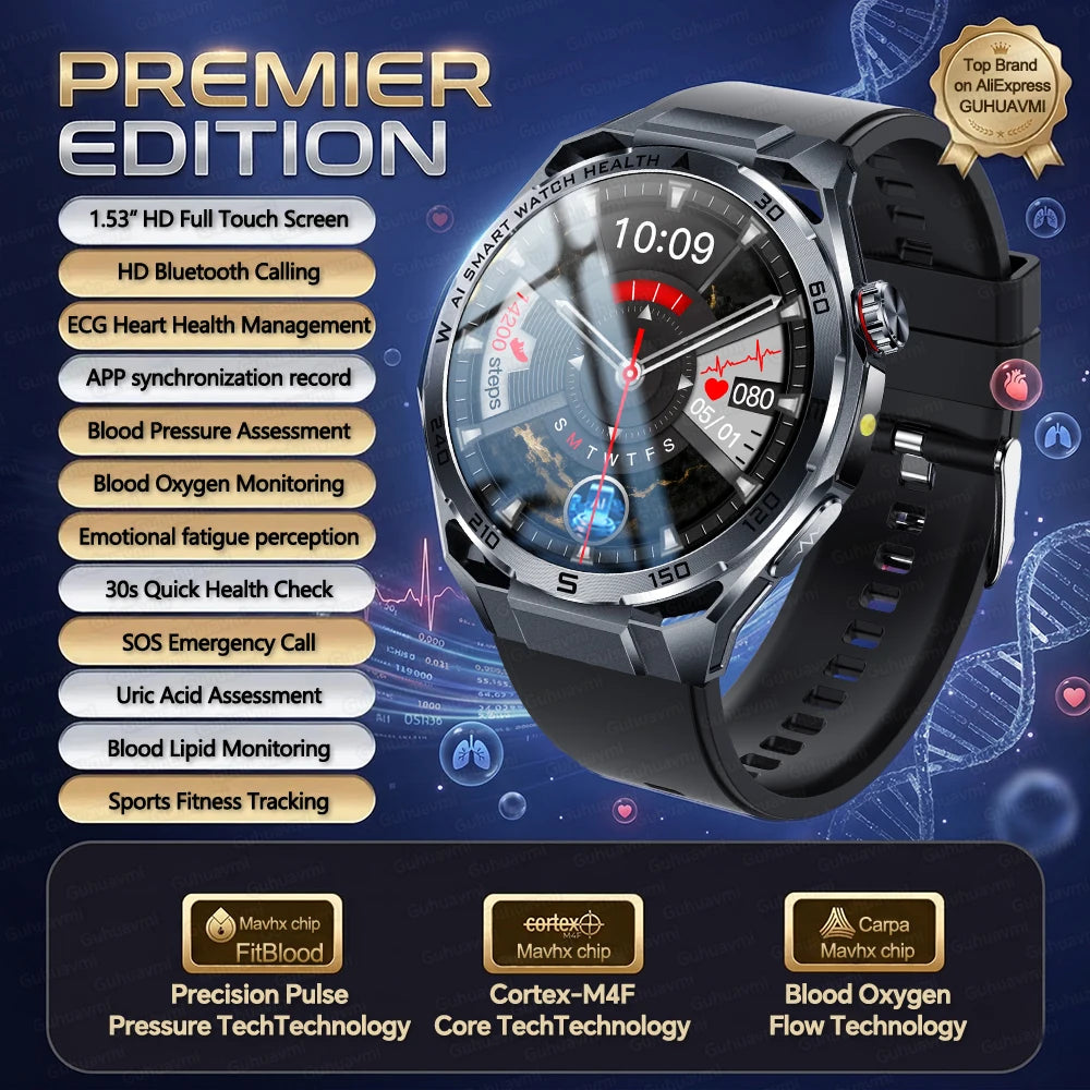 2026New Nursing-Grade AI ECG Smart Watch 1.53''Sapphire Glass Heart Rate Blood Lipid Uric Acid Monitor Bluetooth Call Smartwatch
