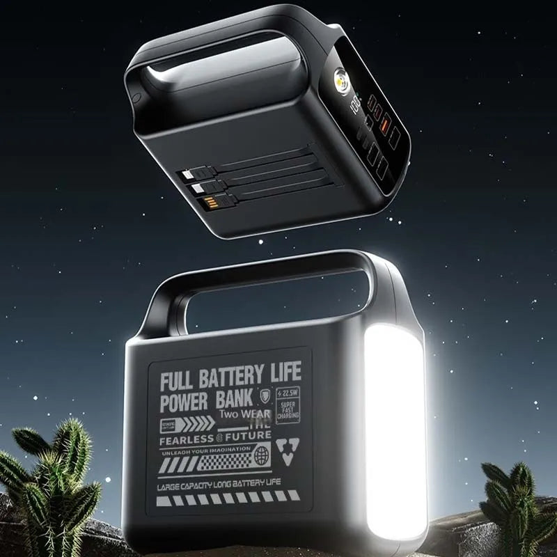200000mAh Large Capacity Power Bank Portable Outdoor Emergency Power Supply Built-in Cable Camping Light External Battery Pack