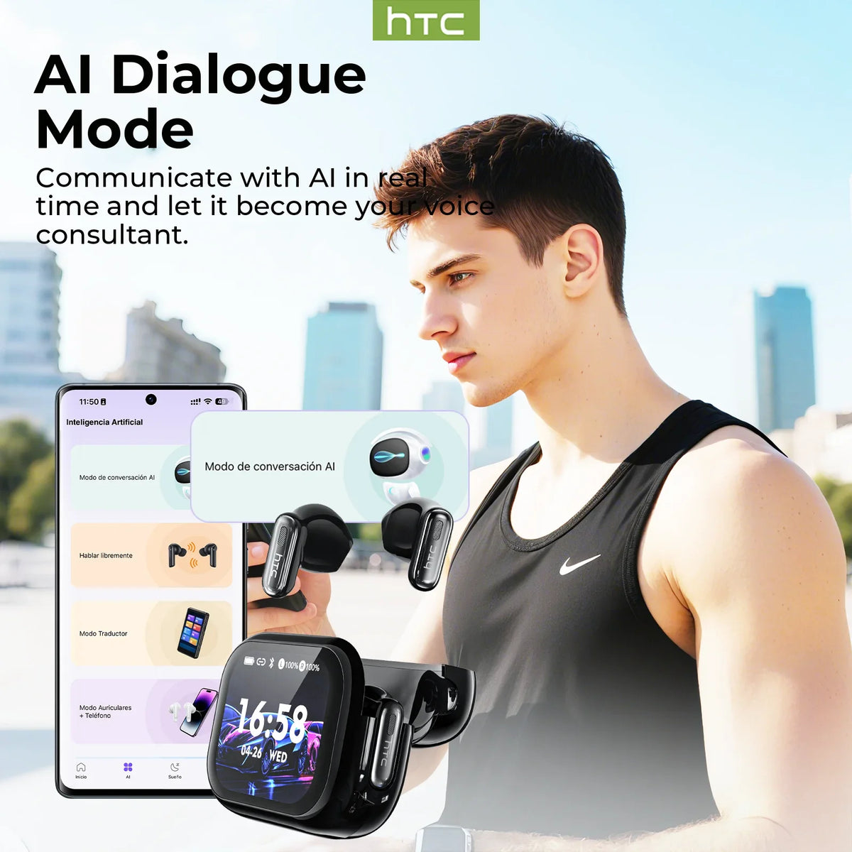 HTC NE68 Bluetooth Earphones AI Translator Earbuds LCD Screen Headphones Sport Wireless Headphones Noise Reduction