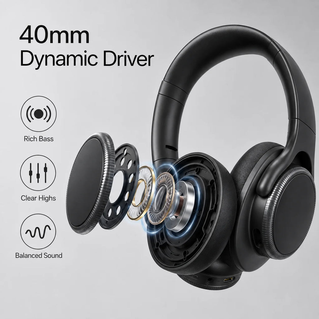 Wireless Headphones Bluetooth 6.0 ANC (Active Noise Cancelling) 40mm Drivers 50H Playtime Rotating Volume Dial Over-Ear Audio