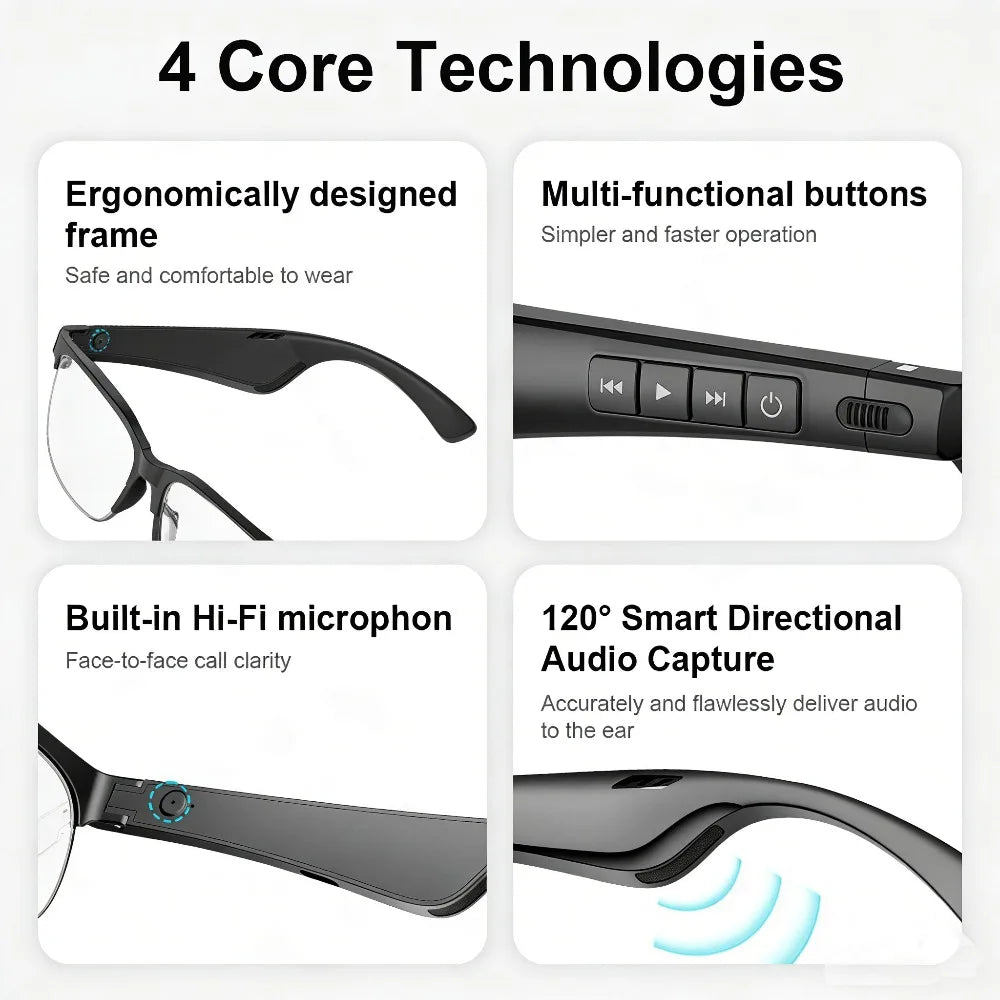 Smart Glasses, Smart Audio Glasses, Wireless Glasses, Earphones, Support Hands-free Calls and Music, Lightweight Design