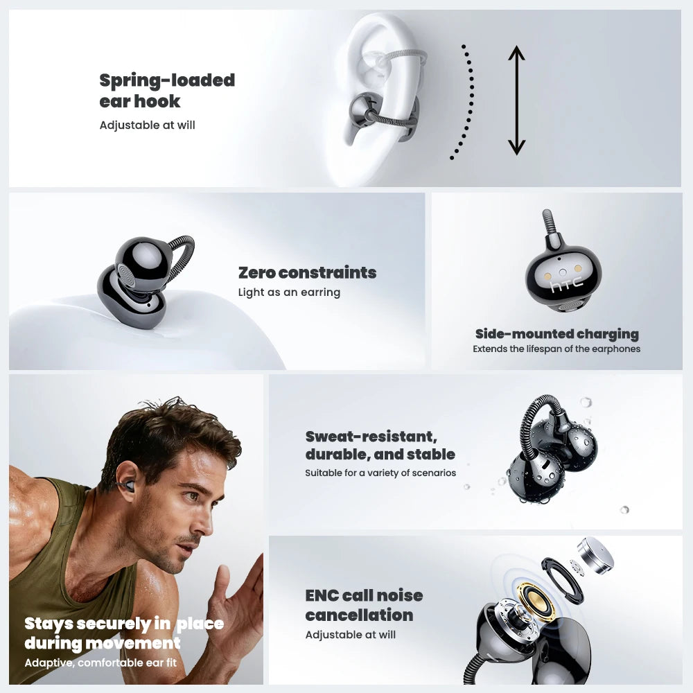 HTC Wireless Bluetooth Headphones With Microphone NE67 Earclip AI Translator Earphones  Sports Game Earbuds MP3 High Quality