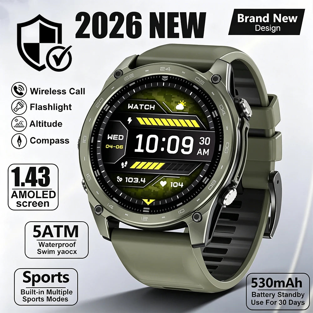 2026 New Sports Smart Watch Sports Mode Wireless Call 5ATM Compass Altimeter LED Flashlight 1.43 Inch AMOLED Screen Smart Watch