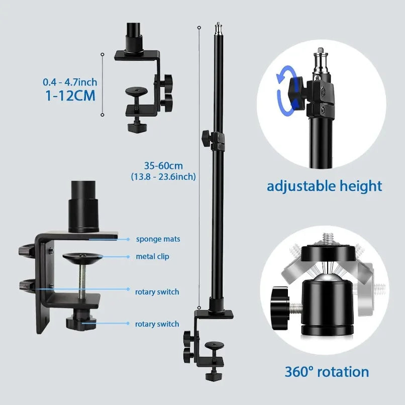 DSLR Camera Clamp Light Stand Adjustable Desk Mount Stand with Ball Head for Phone Camera Webcam Live Streaming Video Recording