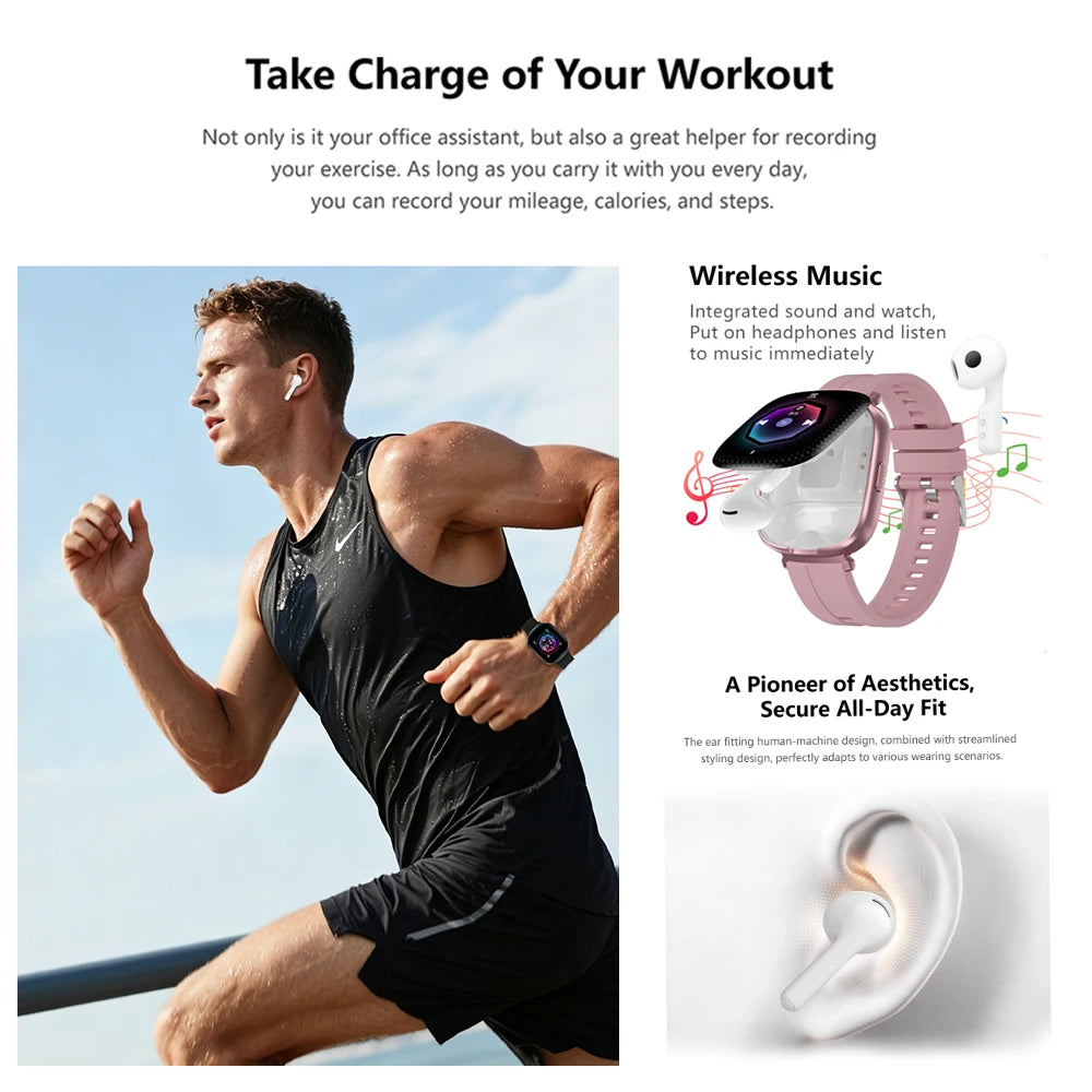 TWS 2 In 1 Smartwatch Earphones Sports Smart Watch Wireless Bluetooth Calling Health Monitor Fitness Record Watches With Headset