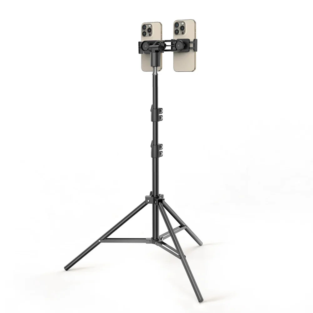 Dual Phone Tripod Stand 1.6M Adjustable with Clip for Live Video Recording Portable Floor Holder Support 2 Phone Simultaneously