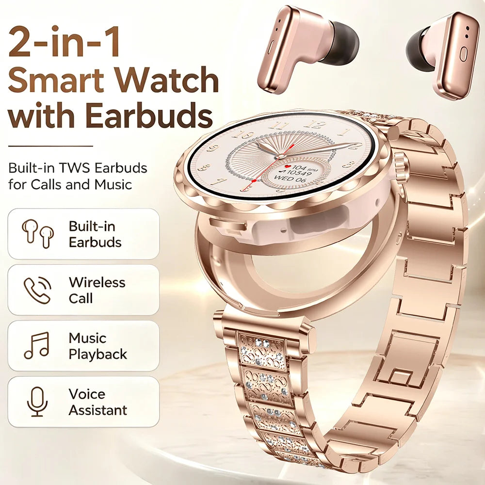 2026 New TWS Smartwatch Earphone 2 In 1 Women Watches with Earbuds Strong Sound Effects Music Lover Waterproof Ladies Smartwatch