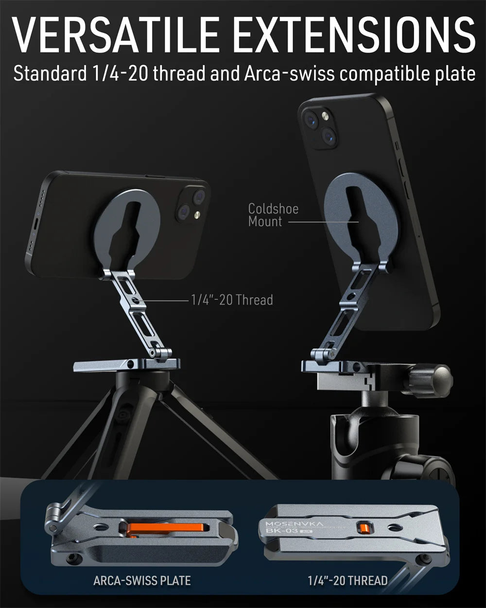 Foldable Magnetic Phone Tripod Stand With Hook Design Arca+Cold Shoe Aluminum Selfie Stick Tripod for IPhone/Android Travel